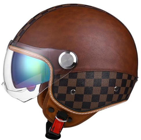 Vintage Cuir Casque De Moto Jet pour Homme Et Femme avec Anti Scratch Visiere Portable Casque Moto Bols ECE Homologué Face Ouverte Casque Mobylette Adulte Demi Casque 10,M:57-58CM