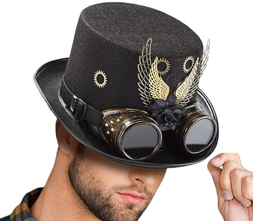 Steampunk Zylinder Hut Gothic Steampunk Hut - Halloween Flügel Zahnräder Kopfbedeckung | Hut Mit Abnehmbarer Brille, Gothic Zubehör Für Karneval, Verkleidung