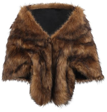FakeFace Women Faux Fur Shawl Bridal Wedding Fur Stole Cape 1920s Winter Cloak Warm Scarf Shoulder Wrap for Evening Dresses (Brown)