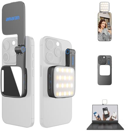 amaran Go Mini Phone Light, Magnetic LED with Dual Mirror Light, Adjustable 2700K-6500K CCT, 10 Lighting Effects, USB-C Fast Charging, Soft & Accurate Lighting for Mobile Creators (Charcoal)