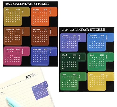 Autocollants de calendrier 2025,autocollants de calendrier mensuel 2025 - Onglets autocollants 2025 12 mois - Autocollant adhésif pour carnet de notes, marqueur de Page de séparation, autocollants col