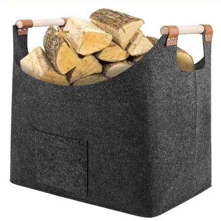 60L Holzkorb für kaminholz,Kaminholzkorb,Brennholzkorb für Kaminholz,Leder Applikation,rutschfeste Griffe,Fronttasche extra groß,Filz Tasche Korb für Holz, Zeitung oder Brennholz
