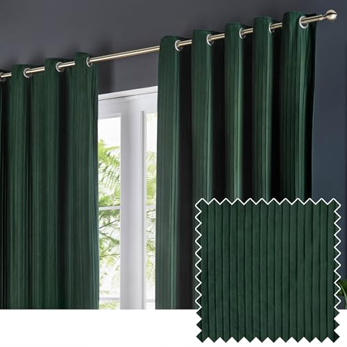 Paoletti Corinthian Velvet Eyelet Curtain Pair - Deep Green - 117x183cm