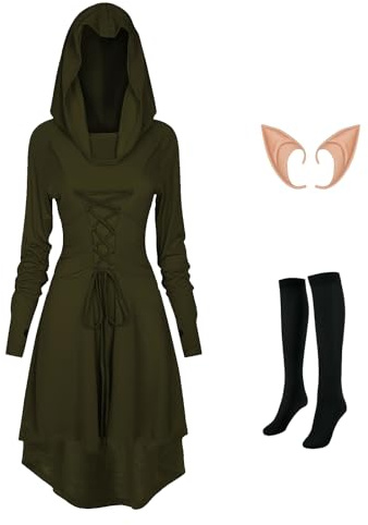 MVFEUIJ Vestido gótico para mujer, ropa medieval, vestido retro con capucha, medias y pendientes a juego, vestido renacentista para Halloween (verde, L)