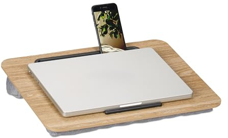 Relaxdays Soporte para Portátil con Ranura para Móvil, 42 x 32 cm, Bandeja Ordenador Laptop, Cama y Sofá, Natural/Gris