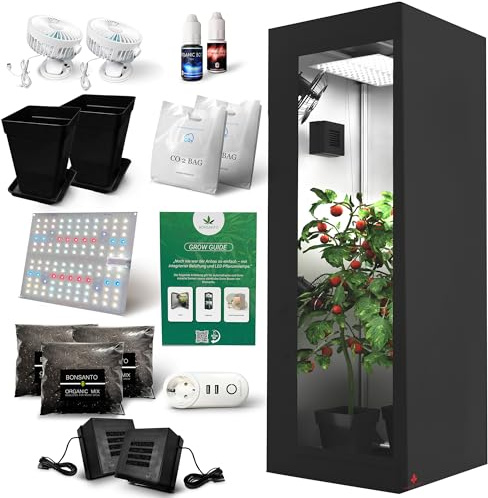 Bonsanto® Grow Tent Starter Kit – All-in-One Complete Set for Beginners incl. Tent, LED, Carbon Filter, Soil, Fertilizer, CO₂ & Guide – Odorless, Quiet & Ready to Use