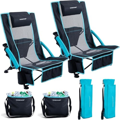 CHANGEMOORE Strandstuhl mit 2-in-1 Kühltasche, klappbar, 136kg, inkl. Getränkehalter, abnehmbarem Kissen & Tragetasche für Strand, Garten, Picknick, Reisen (Blau)