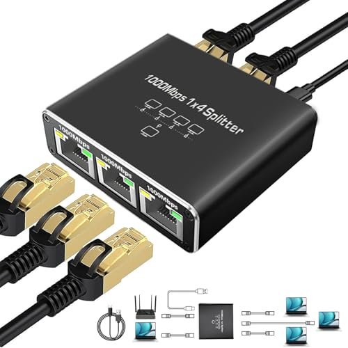 Gigabit Ethernet Splitter ad alta velocità da 1 a 4, sdoppiatore Internet 1000Mbps 1 in 4 uscite (4 dispositivi di rete simultanea), sdoppiatore LAN con cavo di alimentazione USB, splitter RJ45 per