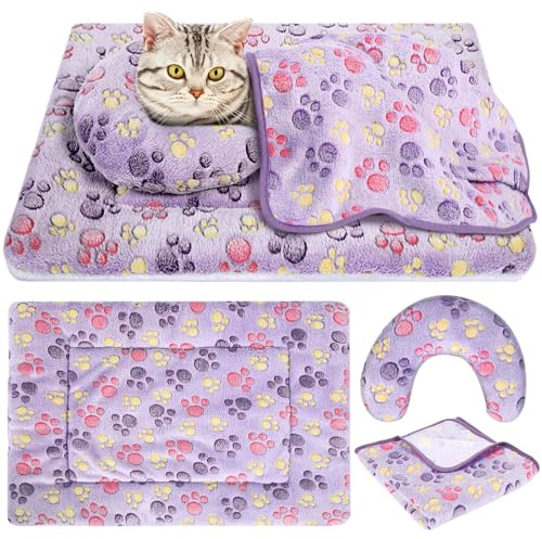 Namalu Cat Bed Mat with Soft Blanket and Pillow for Indoor Cats Cute Print Washable Crate Mat Fleece Warm Blanket Fluffy Pet Calming Half Donut U Shaped Neck Pillow for Small Dogs and Cats