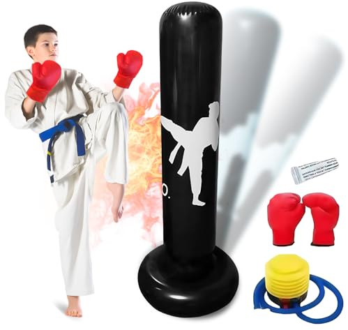 Barn boxningssäck leksak med boxhandskar, 160 cm stabil uppblåsbar boxningssäck med pump barnboxningssäck stående för barn för att öva Karate, Taekwondo