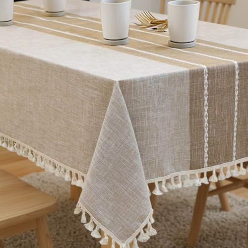 Nesrefyn Tablecloths for Rectangle Tables, Cotton Linen Table Cloth Non-slip Tablecloth Wrinkle Free Farmhouse Dining Table Cover, Soft Fabric Table Cloths with Tassels, Coffe, 55 X 70, 4-6 Seats