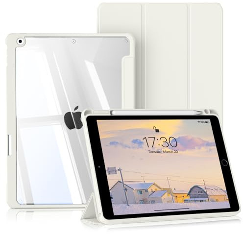 BQDIYOO Hülle für iPad 9. Generation, iPad 8./7. Generation Hülle 10.2 Zoll 2021/2020/2019, Transparentes Hardcase mit Stifthalter, Auto Schlafen/Wache, Weiß
