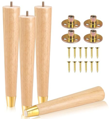 COEWUR 4 Pcs Wooden Furniture Legs 12inch/30cm Sofa Leg Solid Wood Legs for Furniture Feet Wooden Table Leg Replacement for Dresser Bed Stool Cabinet Chair Couch with Gold Caps,Pad,Screws,Plates