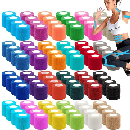 100 Stk Selbstklebender Verband 5cmx4,5m Selbsthaftende Bandage Elastische Binde Verbände Mullbinden Selbsthaftend Fixierbinde Bandagen Atmungsaktives Klebeverband für Sport,Finger,Füße (30 Farben)