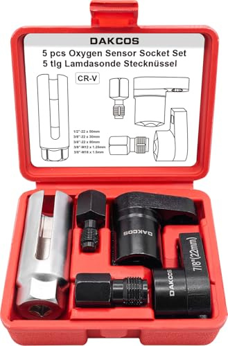 DAKCOS 5-delad lambdasond nyckelsats, 1/2 3/8 drivning 7/8 22 mm lambdasond verktyg, M12 M18 gängreparationssats