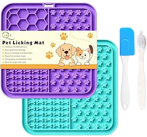 Confezione da 4 tappetini per leccare cani/gatti, tappetini per ciotole per canis e gatti, mangiatoia lenta, anti-ansia,tappetini per giocattoli per canis, addestramento (verde acqua e viola)