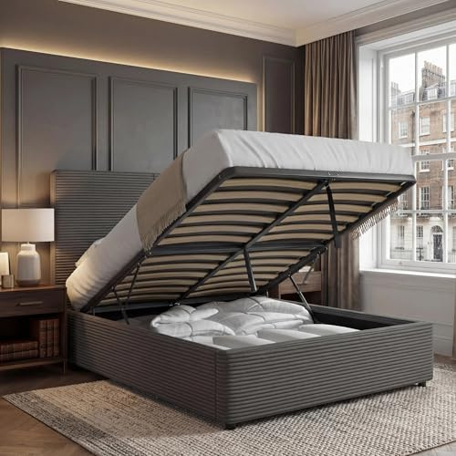 Blisswood Double Ottoman Bed, 4ft6 Double Bed Frame with Gas Lift-Up Storage Base, UKFR Velvet Finish & Wooden Slats, Upholstered Space-Saving Bedframe for Adults & Guest Room (135x190cm, No Mattress)