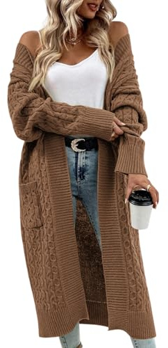 Saodimallsu Cardigan long en tricot épais pour femme, ample, léger, élégant, manteau en tricot décontracté uni ouvert sur le devant avec poches, marron, XL