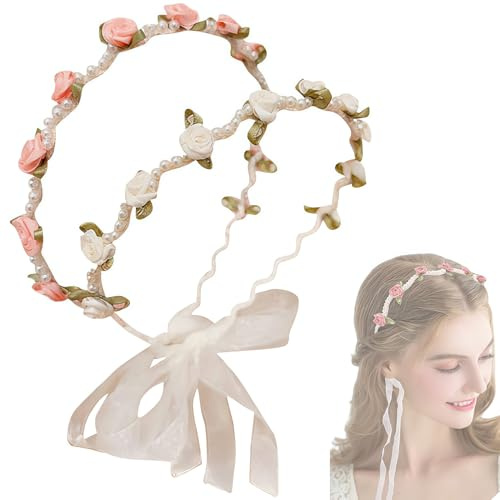 2 Stücke Rose Blumenkranz Haarband, Rosa & Beige Haarreif für Damen – mit Perlen Verzierung & Kleinen Rosen, passend zu Dirndl, für Partys, Feste, Hochzeiten & Reisen