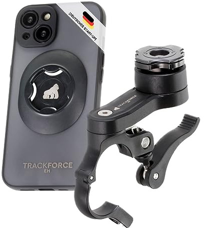 TRACKFORCE EH - Fahrrad-Handyhalterung/Motorrad-Handyhalterung mit Vibrationsdämpfer | kompatibel mit jedem Lenker | beiliegende Case für Smartphones | 360° rotierbar (inkl. iPhone 17 Case)