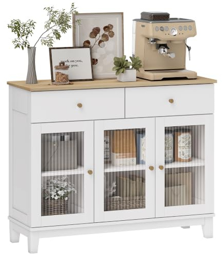 HOMCOM Küchenbuffet mit 2 Schränken und 2 Schubladen, Türen aus geriffeltem Hartglas, Buffet für das Wohnzimmer mit verstellbaren Einlegeböden, für das Esszimmer, 100 x 35 x 80,3 cm, weiß und Eiche | Aufbewahrungsmöbel, 2 Schränke, geriffeltes Hartglas, verstellbare Regale, 2 Schubladen, Sideboard, Esszimmer und Wohnzimmer