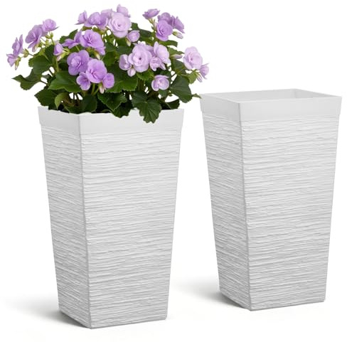 VEVOR Set di Fioriera Alta per Piante Fiori da Interno Esterno Altezza 58 cm 2 pz, Fioriera Decorativa per Ingresso Cortile Balcone Portico Giardino con Fiori Drenaggio Forma Conica Quadrata, Bianco