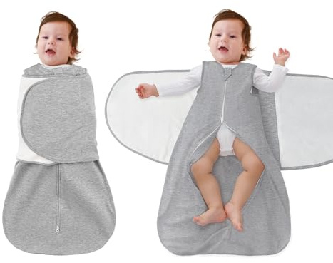 FUNUPUP Pucksack Baby 0-6/6-12 Monate, 100% Baumwolle Swaddle Schlafsack Baby Sommer 1 Tog, 3-in-1 Babyschlafsack mit Klettflügeln und Doppeltem Reißverschluss