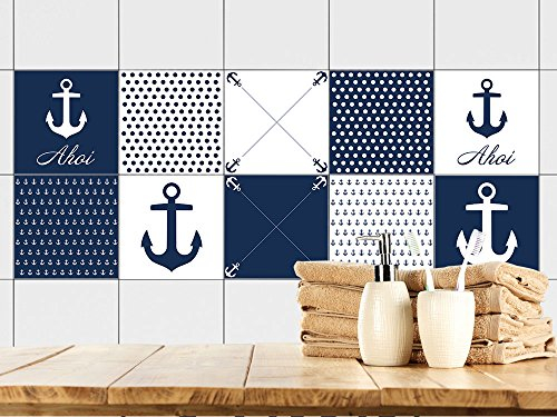 GRAZDesign Fliesenaufkleber Bad Anker maritim Blau Rot Weiß, Fliesensticker Fliesen zum Aufkleben Klebefliesen für Badfliesen - Set 10 Stück
