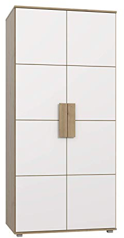 FORTE ARKINA Schrank 90 200, Kleiderschrank, Jugendzimmerschrank Kinderzimmer Skandinavischer Stil Drehtürenschrank, 2-türig, Weiß / Holzdekor: Artisan Eiche, 91 cm breit x 201 cm hoch x 58 cm tief