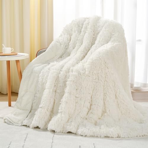 Uttermara Shaggy Faux Fur Weighted Blanket 15lbs, Super Soft Plush Fleece and Cozy Sherpa Reverse, Decorative Long Fur Throw Blankets 60x80 Cream