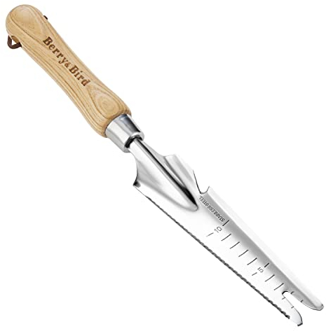 Unkrautjäter Garten Hand Weeder mit Zahnung und Skala, Edelstahl mit 5 In 1 Mini Gartenwerkzeug, Bodenmesser Landwirtschaftswerkzeug zum Pflanzen Unkrautstechen Umgraben Umpflanzen Schneiden Messen