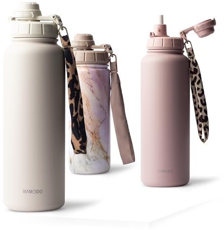 MAMEIDO Thermosflasche mit Strohhalm 700ml, auslaufsichere Trinkflasche Edelstahl isoliert, Wasserflasche mit Trageschlaufe, Isolierflasche BPA-frei (Ivory Beige, 0,7l)