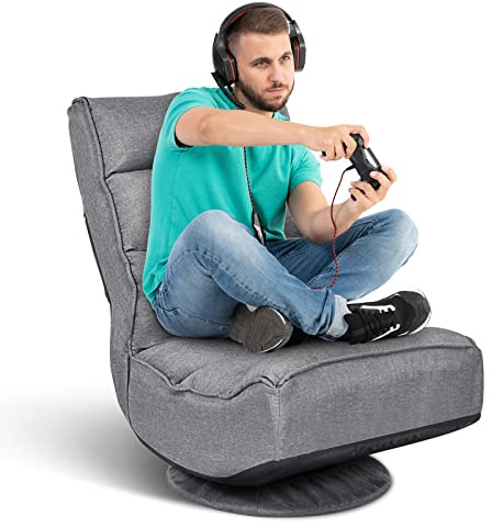 GOPLUS 360° vridbar golvstol, vikbar golvfåtölj med justerbart ryggstöd, gamingfåtölj, golvsoffa, meditationsstol, kan belastas upp till 120 kg, för hem och kontor (grå)