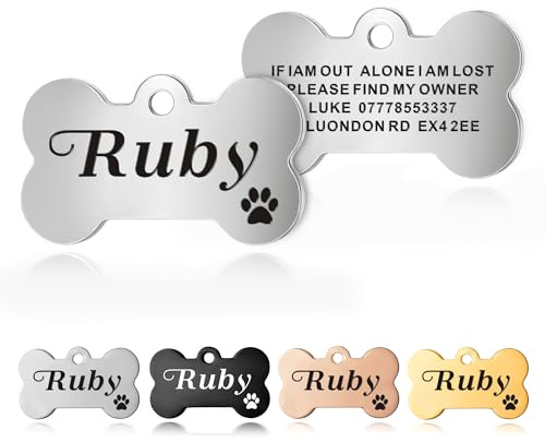 Personalised Dog Tags for Pets Engraved UK Dog Name ID Tags for Puppy Cats Pet Collars Stainless Steel Double Sided Deep Engraved (Silver, Bone)