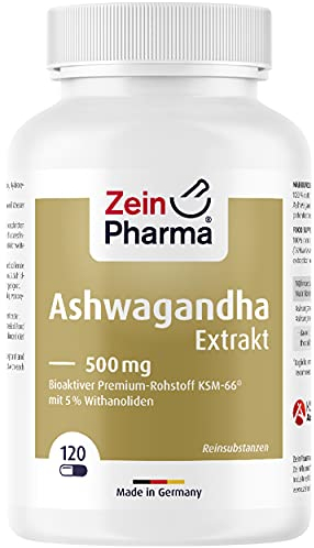 ZeinPharma Ashwagandha Extrakt 120 Kapseln 500mg - Ashwagandha Wurzel-Extrakt hochdosiert mit 5% Withanolide, Schlafbeere aus Indien, Nahrungsergänzungsmittel pflanzlich, laborgeprüft
