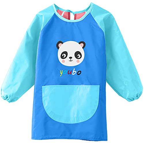 Herbests Bastelschürze Kinder, 6-9 Jahre Kinder Malkittel Malschürze Wasserdichter Kunstkittel mit mit Langen Ärmeln & Taschen für Malen, Kochen, Basteln, Ton für Jungen und Mädchen,Panda Blau