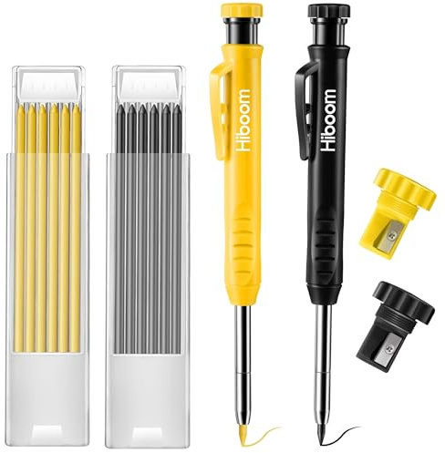 Hiboom 2 Pack Solid Carpenter Pencil with 14 Refill, Long Nosed Deep Hole Mechanical Pencil Marker with Built-in Sharpener for Carpenter Woodworking Architect with Design Patent (Black, Yellow)