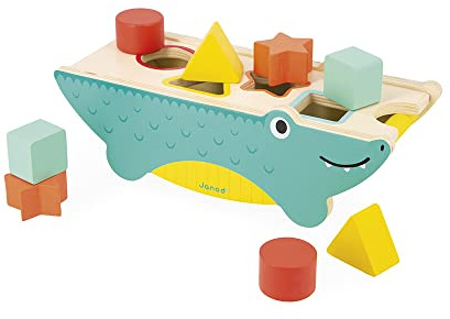 Janod - Boîte à Formes Croco Tropik - Jouet d'Eveil en Bois - Jouet Educatif Formes et Couleurs - 8 Formes à Encastrer - Certifié FSC - Peinture à l'Eau - Dès 1 An, J08267