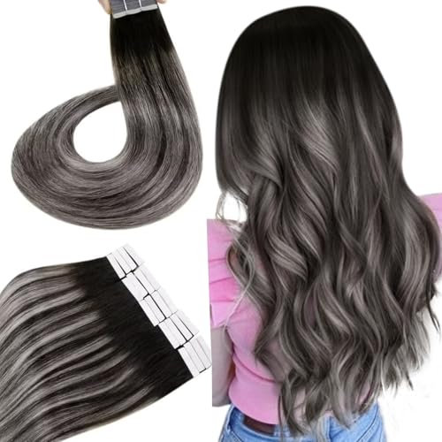 Hetto Tape Extensions Echthaar Schwarz Tape in Extensions Echthaar 55 cm Balayage Schwarz to Silver Seidig Gerade Invisible Tape Klebe Remy Haarverlangerung 20pcs 50g #1b/s/1b
