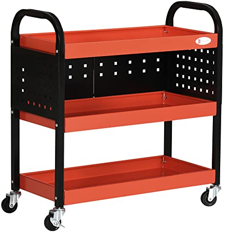DURHAND Werkstatt-Rollwagen mit 3 Regalen, Werkzeugwagen mit Bremse, Transportwagen für Werkzeug mit Hakenlöchern für Garage, Lagerhaus, max. 100 kg Belastbar, Rot