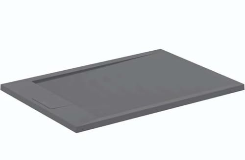 Ideal Standard - Ultra Flat S i.life, Piatto doccia rettangolare 100x70 in resina, Piletta di scarico lato corto, Finitura opaca effetto pietra, Grigio cemento