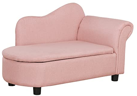 HOMCOM Kindersessel, Kindercouch, Kindersofa mit Stauraum, Chaiselongue für Kinder 3-5 Jahre, Schlafsofa für Kinderzimmer, Leinenoptik, Massivholz, Rosa, 80 x 40 x 49 cm