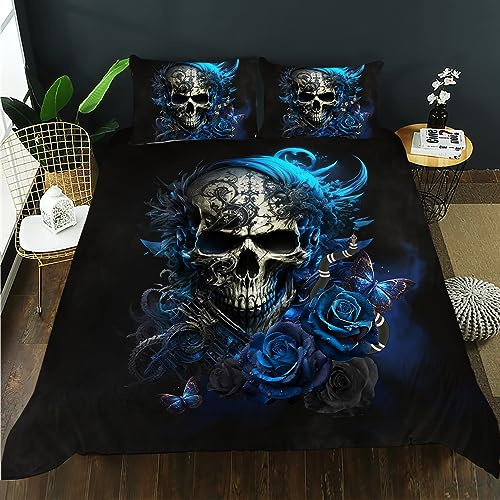 AILONEN Sugar Skull Duvet Cover Queen Size, 3D Skull Bedding Set for Boys Girls,Bones Skeleton Blue Roses Comforter Cover 3PCS,1 Quilt Cover + 2 Pillowcases,Soft Microfibre