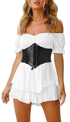 IMEKIS Damen Off Shoulder Strampler Kleid Boho Kurz Jumpsuit R?schen Overall Minikleid Elegant Casual Playsuit Shorts Pirate Halloween Kost?m Renaissance Korsettkleid Wei?+G?rtel M