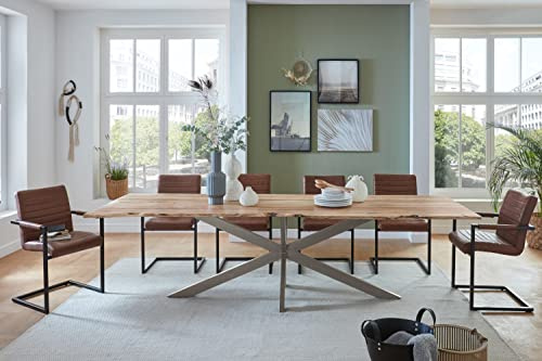 SAM Esstisch Clara 200x100 cm Akazie Natur/Spider-Gestell Silber | massiv, Akazienholz naturfarben, Tischplatte 26 mm, Baumkantentisch, Esszimmertisch, Metallgestell