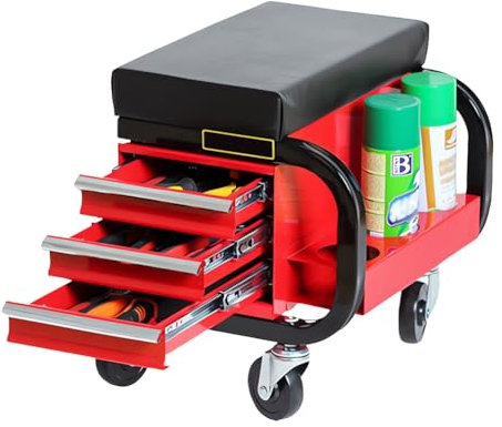 QUTBAG Robuster Creeper-Sitz, multifunktionaler Mechaniker-Rollsitz mit 4 Universalrädern, 3 Schubladen und Dosenhaltern, gepolsterter Reparatursitz für die Garage red