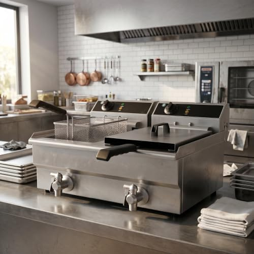 Generic Quattro Twin 2 x 19 Litre Tank Commercial Deep Fryer With Drain Taps (AC Adapter, 38 Litre Oil Capacity, Stainless Steel)
