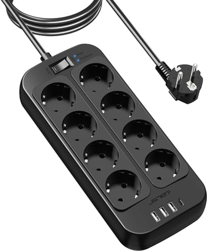 JSVER Regleta de 3 m, enchufe múltiple de 8 enchufes con 4 USB, enchufe múltiple con interruptor, montaje en pared, protección contra sobretensiones para casa, oficina, color negro