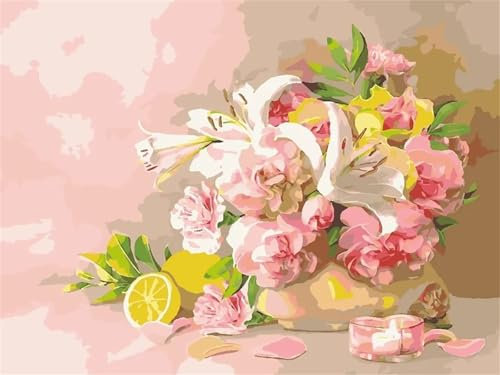Malen Nach Zahlen Erwachsene Rosa Blumenstraußfrucht DIY Handgemalt Ölgemälde Kits für Erwachsene Kinder mit Pinseln Acrylpigment Zeichnung Paint by Numbers für Haus Wand Decor 60x75cm,ohne Rahmen