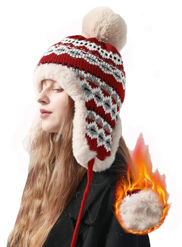 YAMEE Wintermütze Mütze Winter für Damen Plüsch Verdickt,Skikappen Damen Stricken mit Ohrenklappen Warme,Russische Mütze Herren Kälteschutz,Trappermütze Unisex mit Kinnriemen,Mütze Skifahren im Freien